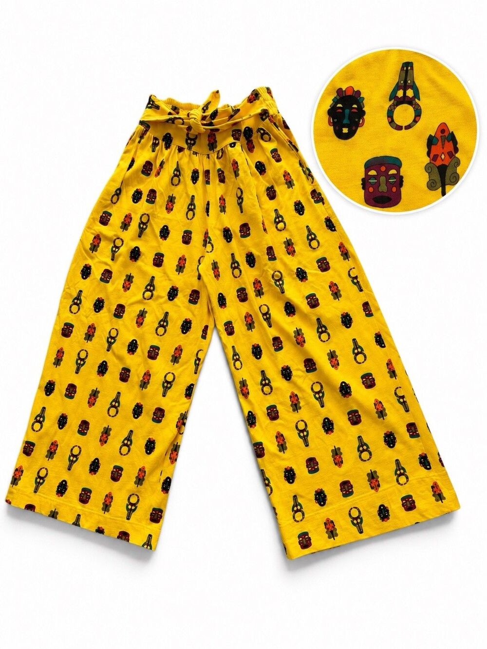 Vintage Lisa Nichols Rare Pants Yellow Tribal Totem Mask Print Wide Leg Size 3 L